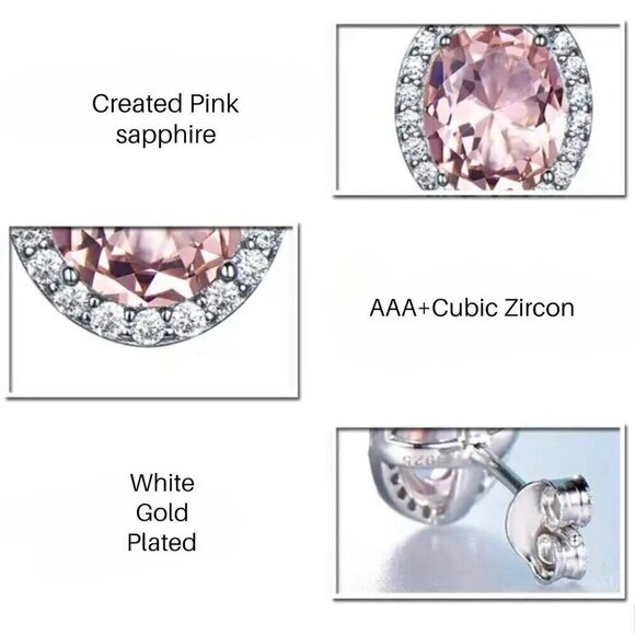 NWT Oval Pink Sapphire Stud Earring 14K Gold Over 925 Silver CZ Halo Feminine - Picture 5 of 8
